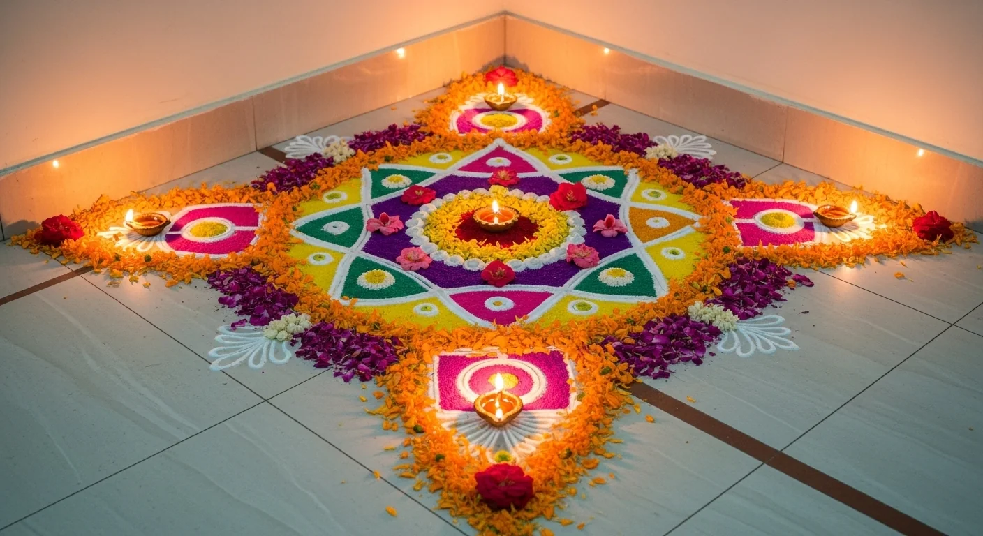 Corner Rangoli Designs with Flowers and Diyas