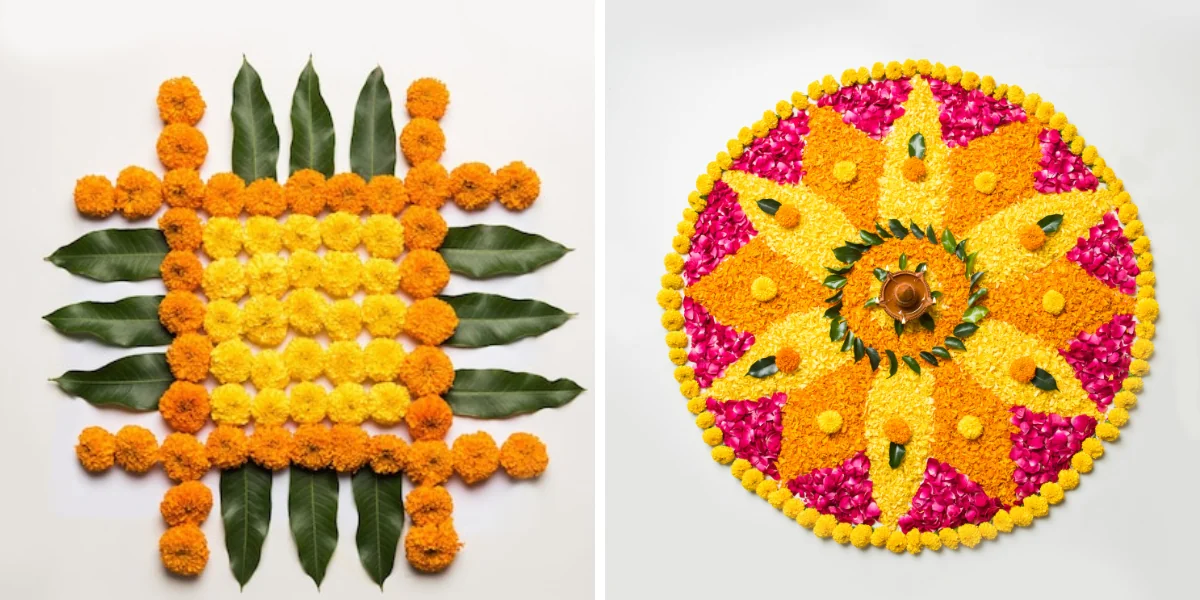Corner Rangoli Designs with Flowers and Diyas