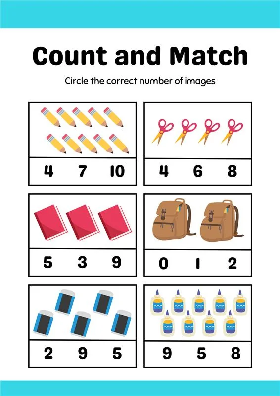 Blue Simple School Illustration Counting Images Mathematics Worksheet
