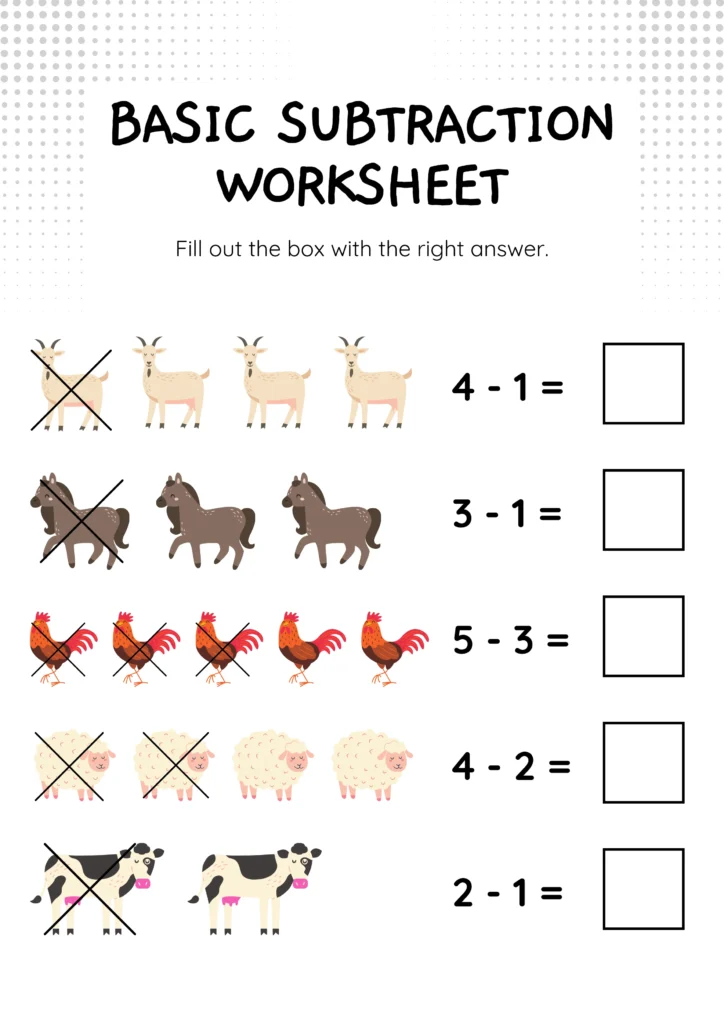 Colorful Cute Animal Basic Subtraction Worksheet