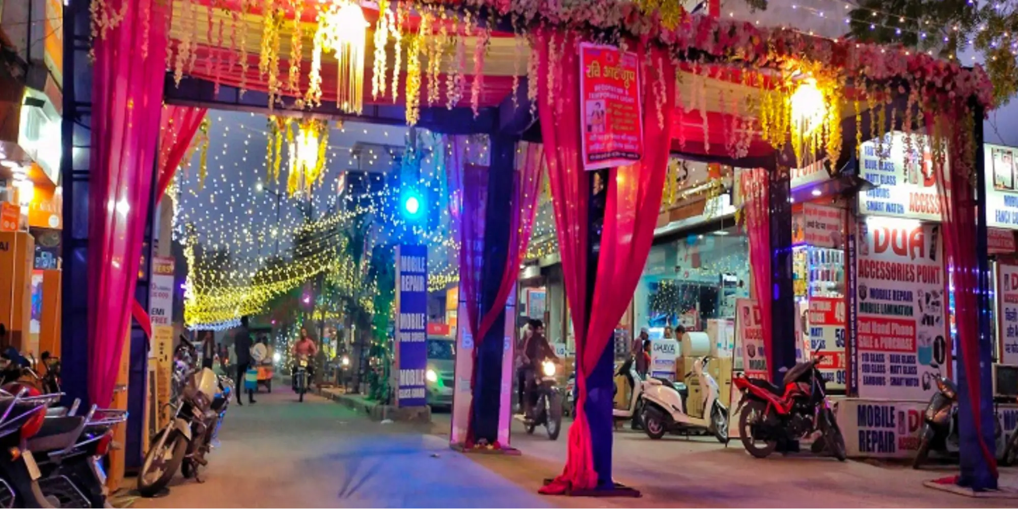 Decorated street with festive lights