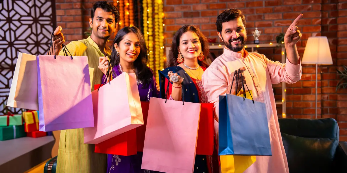 Happy people with Diwali shopping