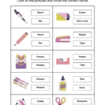 White Colorful School Supplies Vocabulary Worksheet