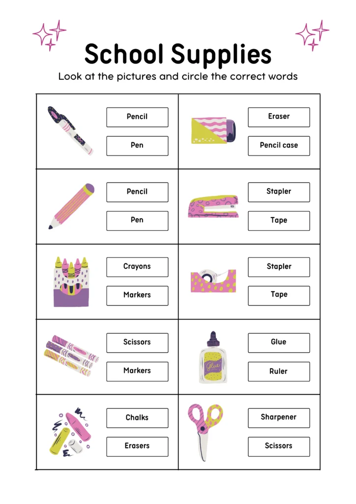 White Colorful School Supplies Vocabulary Worksheet