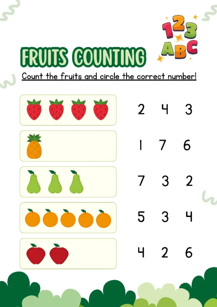 Counting Worksheets Count The fruits And Circle Correct Number