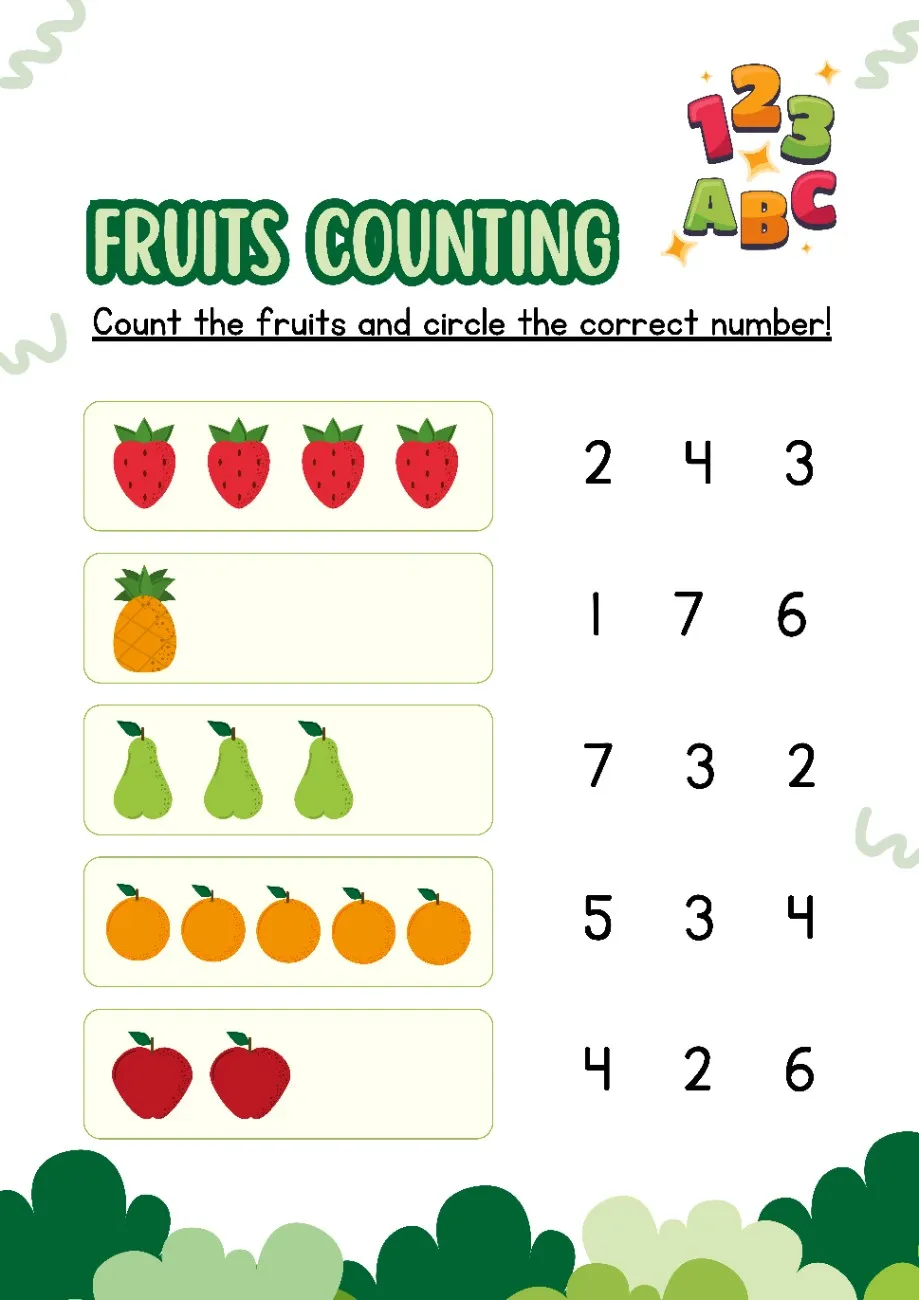 Counting Worksheets Count The fruits And Circle Correct Number