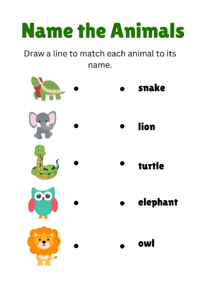 Naming Animals Worksheet Draw A Line To match Animals To Its Name