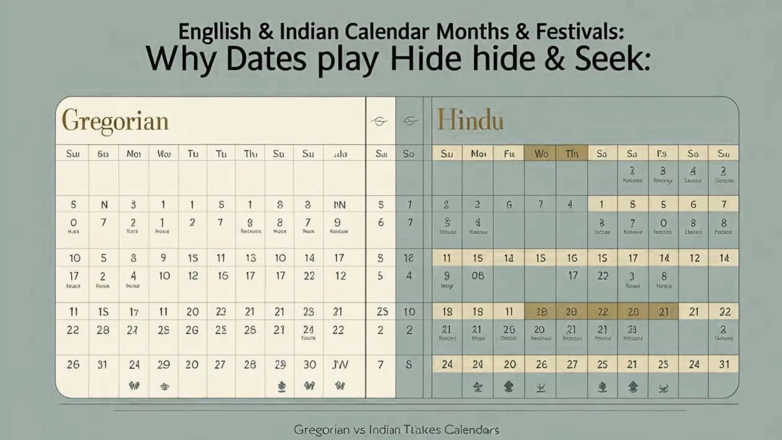 English & Indian Calendar Months & Festivals