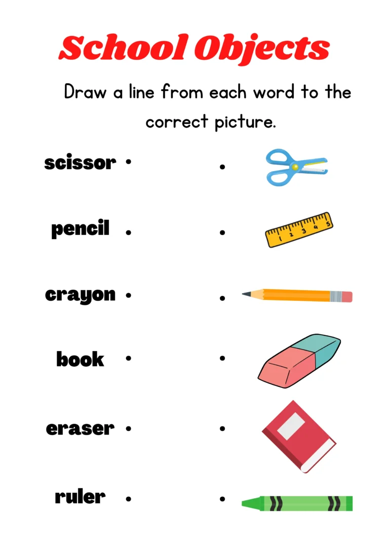 Matching Words Worksheet: Match School Objects