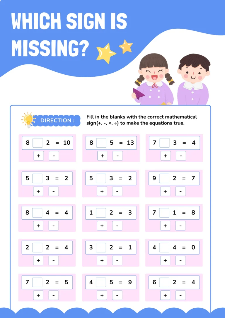 Missing Sign Worksheet: Fill In The Missing Sign