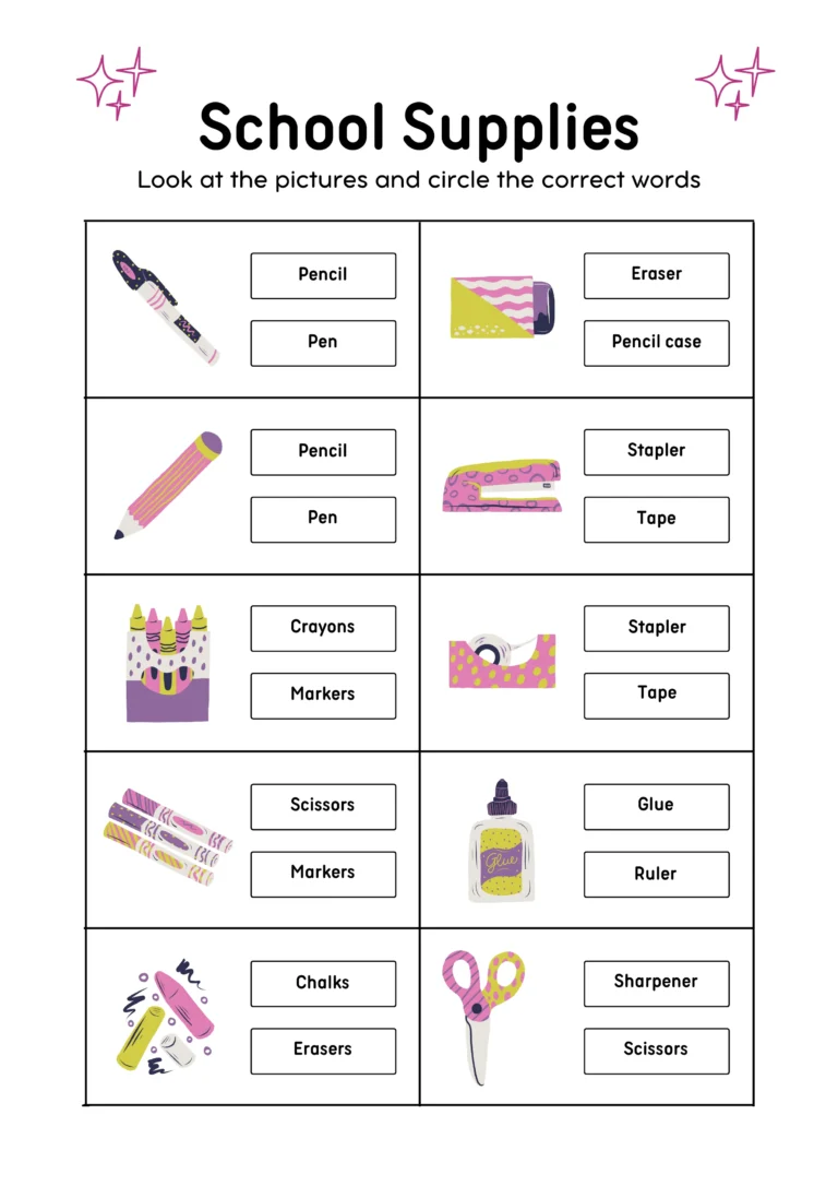 Vocabulary Worksheet: Colorful School Supplies