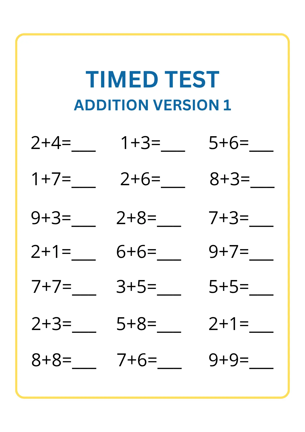 Addition Timed Test Math Worksheet