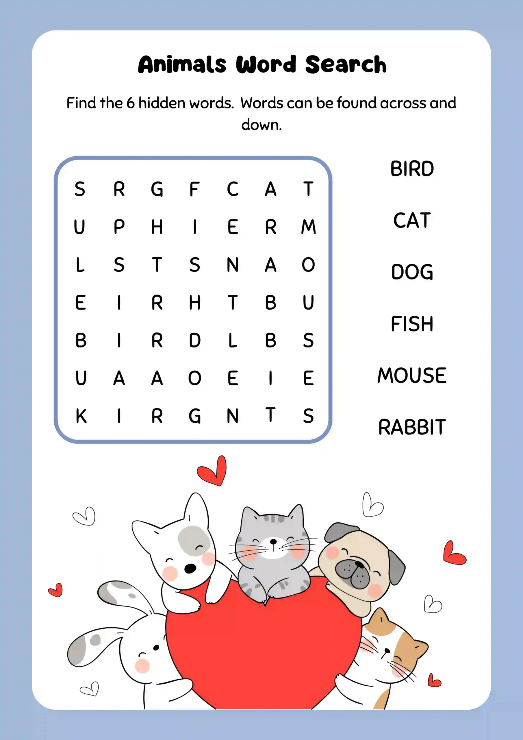 Blue and White Colorful Animals Word Search Printable
