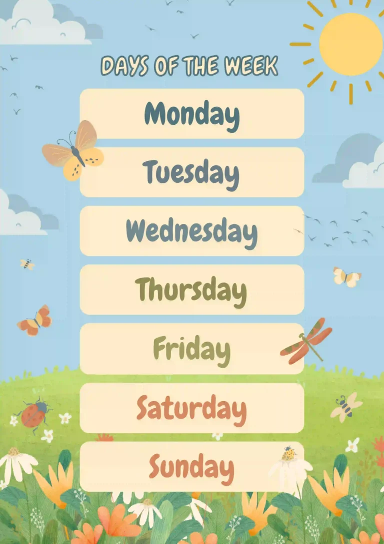 Colorful Illustrated English Spring Days of the Week Classroom