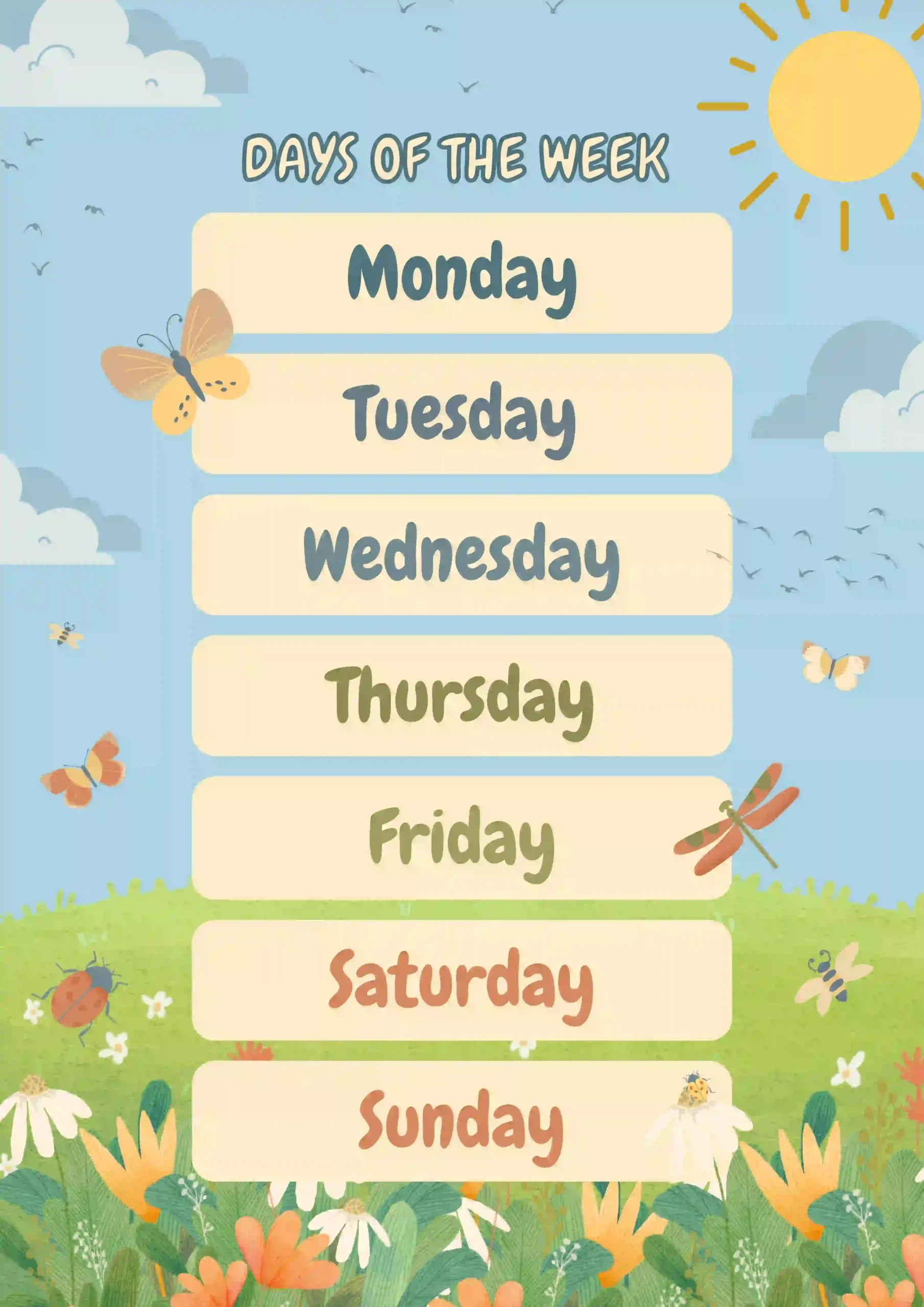 Colorful Illustrated English Spring Days of the Week Classroom