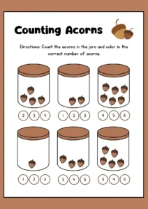 Counting Acorns Fall Math Worksheet in Brown Illustrative Style