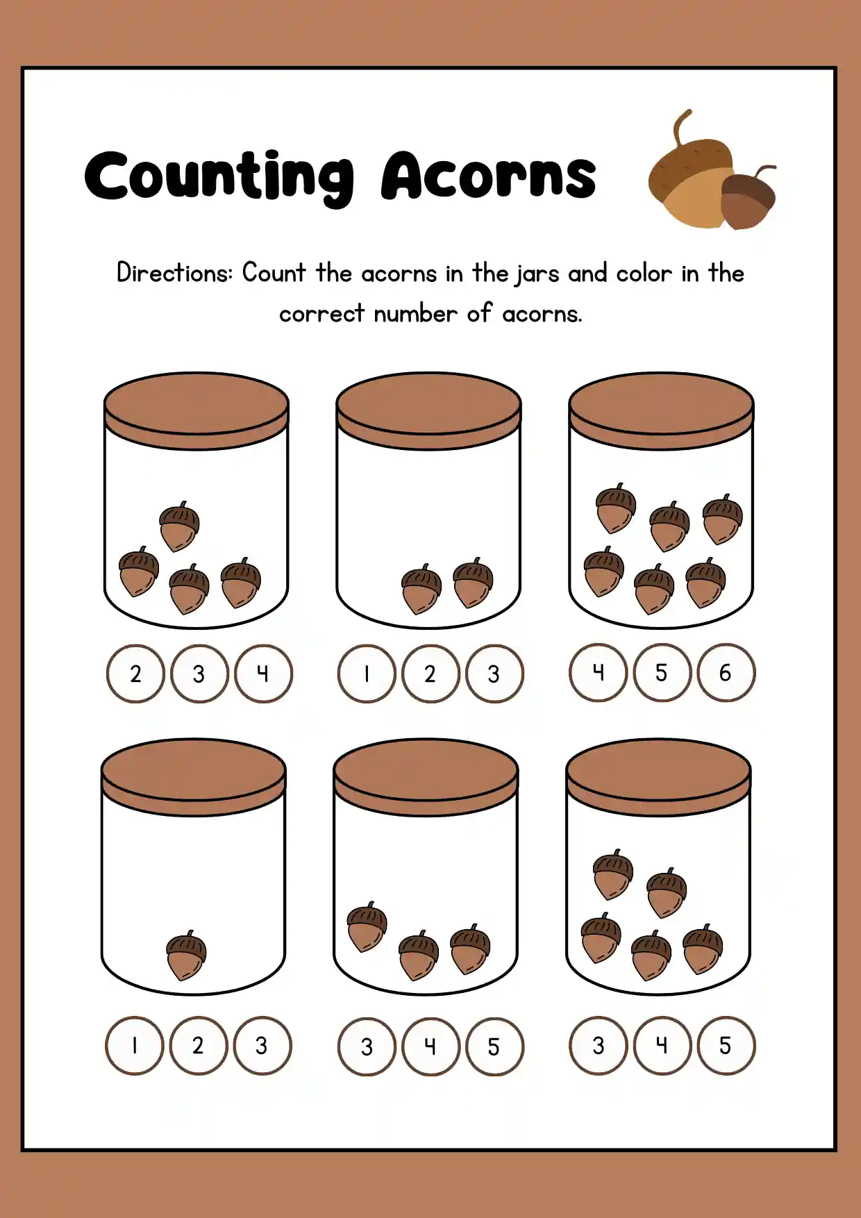 Counting Acorns Fall Math Worksheet in Brown Illustrative Style